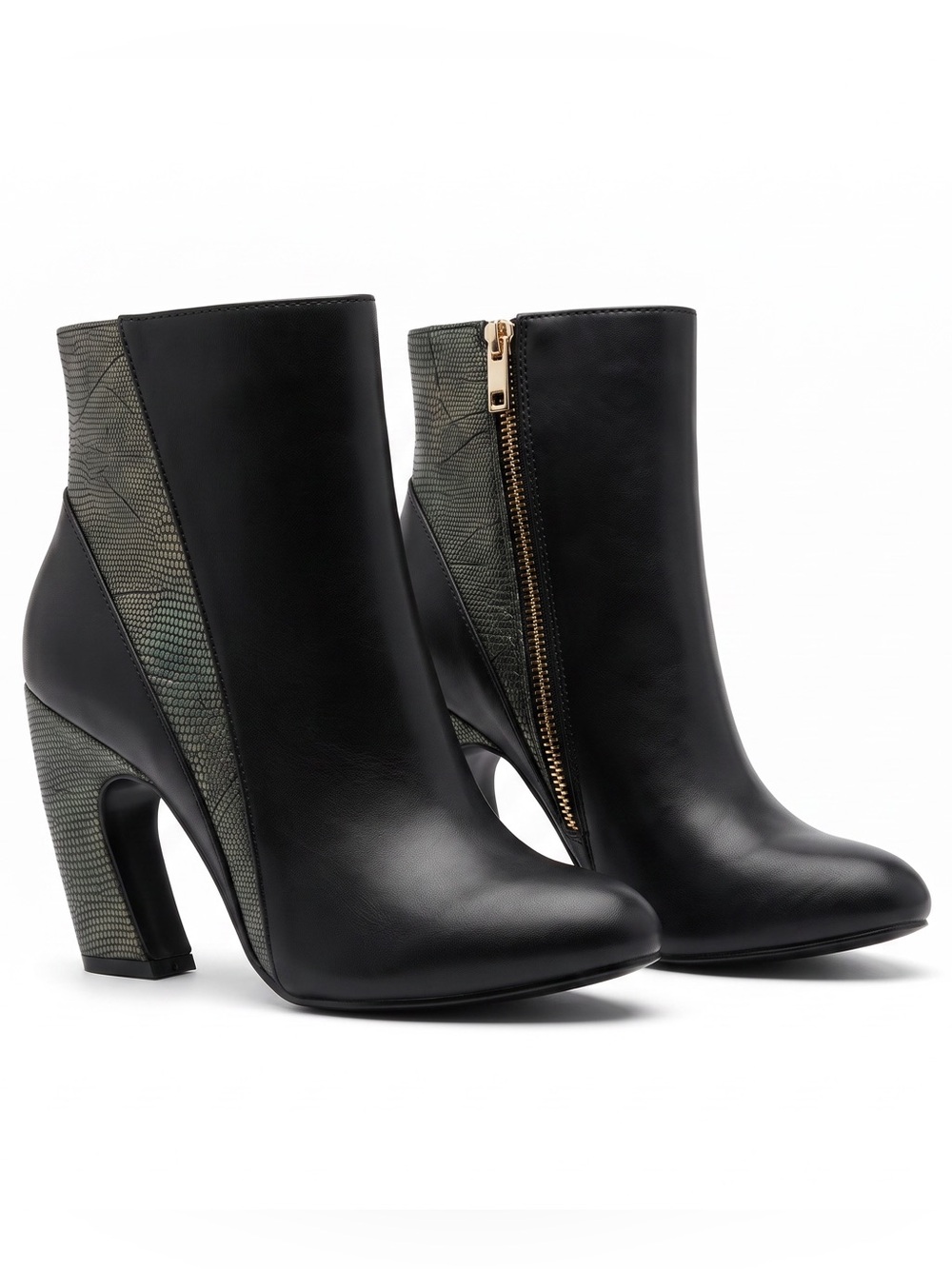 Bellini Cirque Black Ankle Boots Reptile Print Cutout Block Heel Booties 6.5